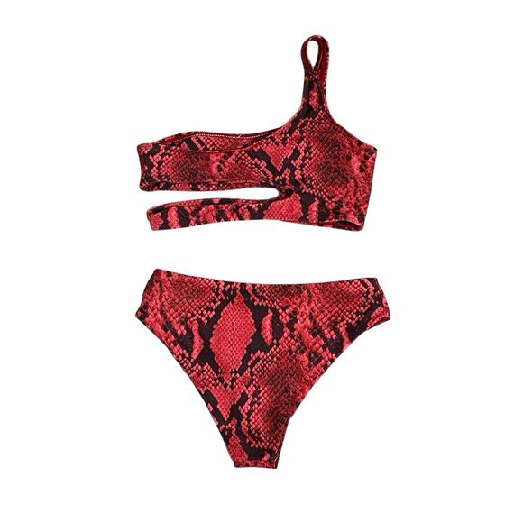NEW Snakeskin Print One Shoulder Bikini Size XS Red Black Festival Costume NWOT - Picture 2 of 7